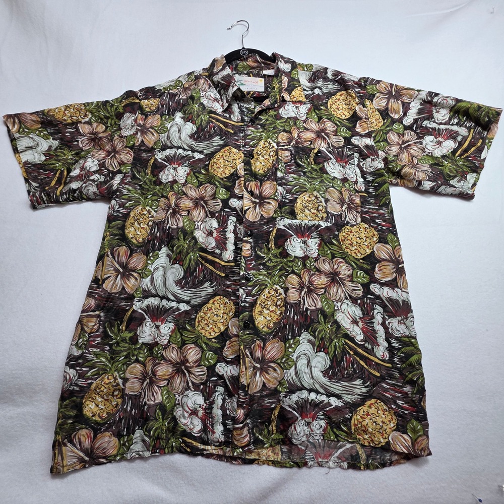 Montage Tropics Mens XL Silk Hawaiian Shirt Pineapple Hibiscus Brown Aloha XL